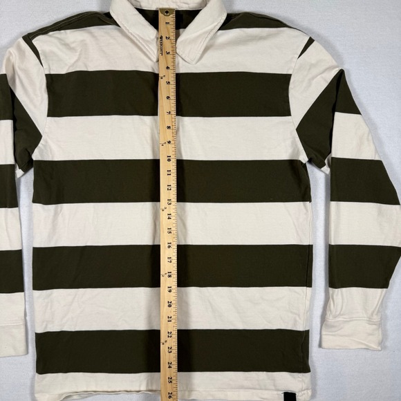 RSQ Mens Long Sleeve Rugby Shirt Olive Green Cream Striped Cotton Polo Large - Picture 5 of 9